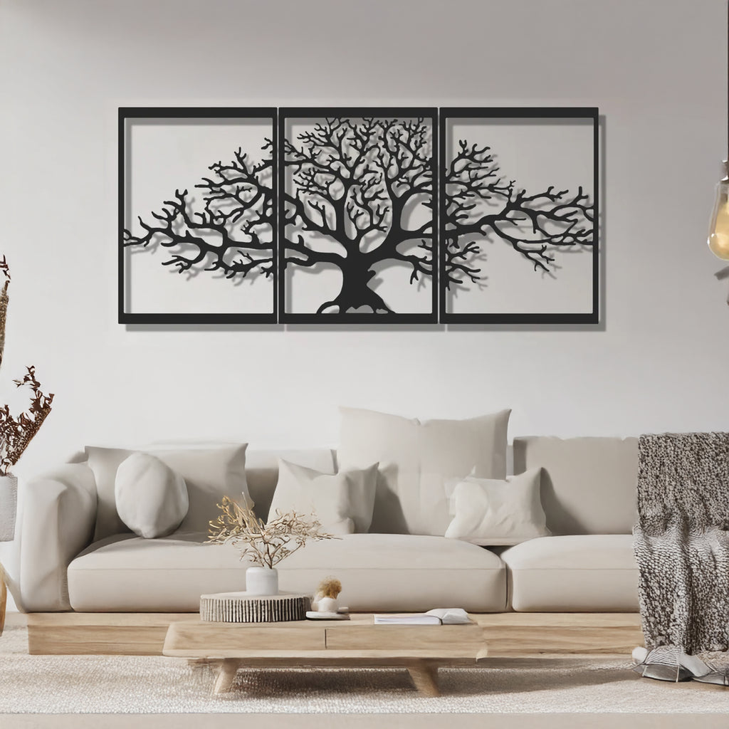 3-piece Tree of Life metal wall art above sofa in modern living room, matte black panels