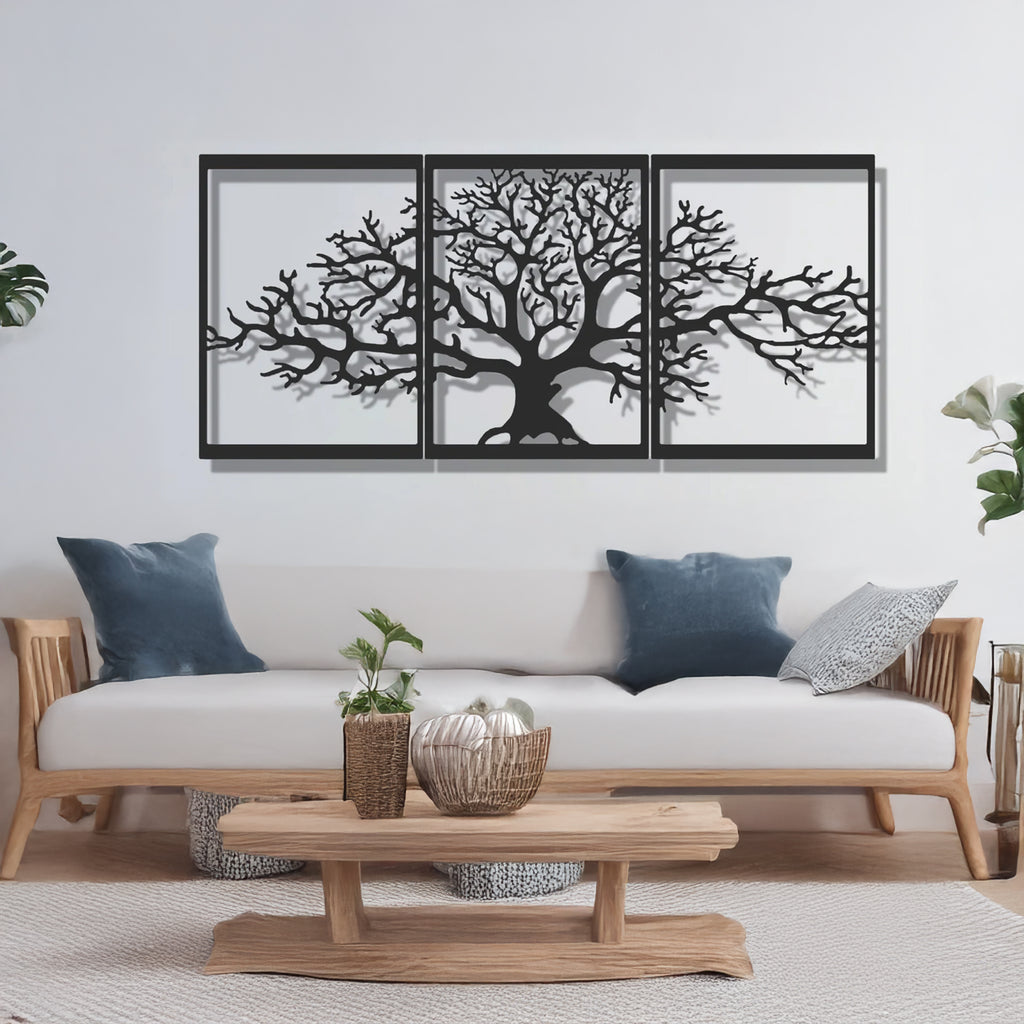 Large Tree of Life 3-panel metal wall art set styled in a contemporary living room