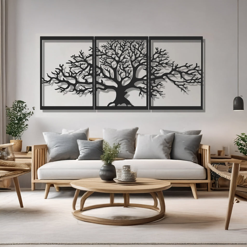 Oversized Tree of Life metal wall panel set creating a dramatic feature wall