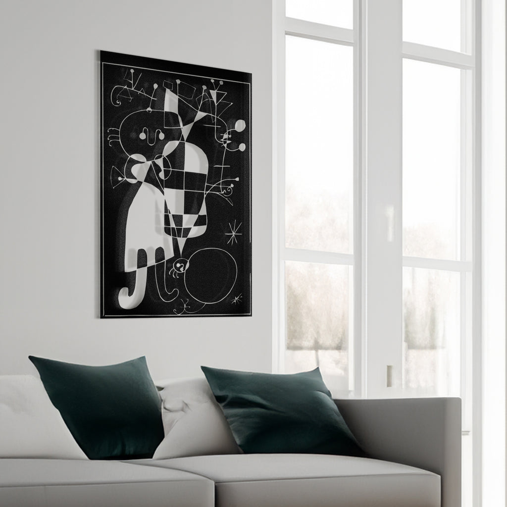 Joan Miró inspired black metal wall art panel displayed in modern living room.