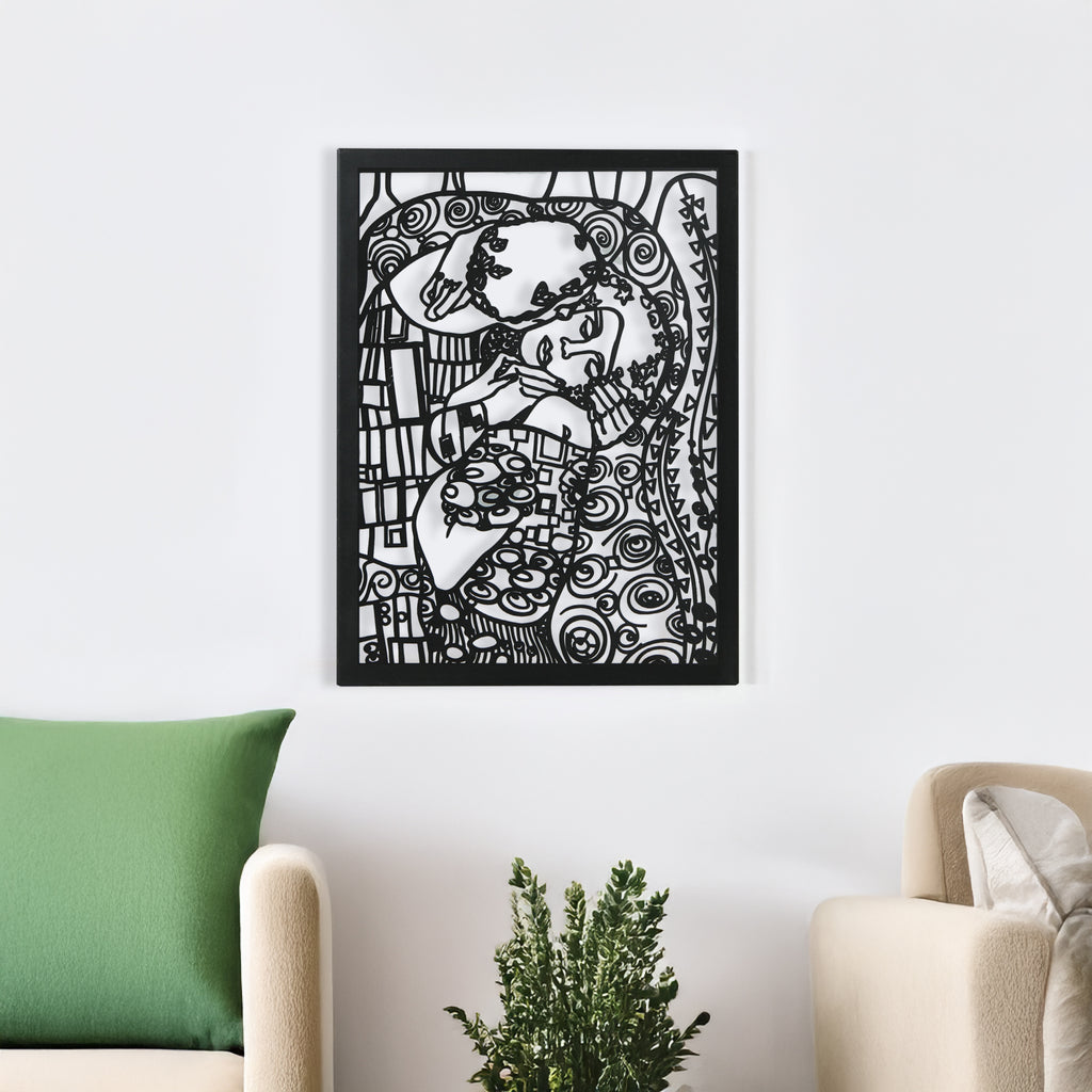 Gustav Klimt The Kiss black metal wall art displayed above modern sofa