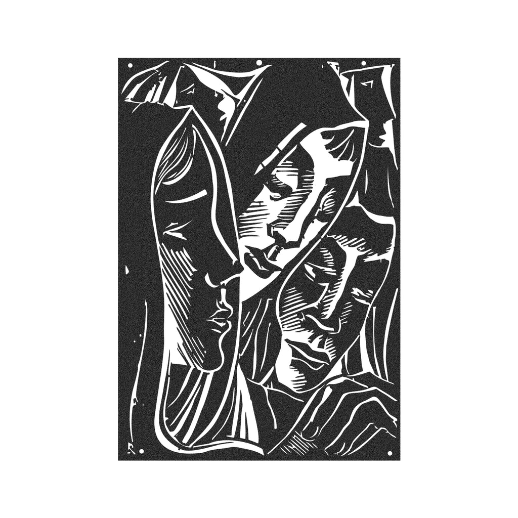 Close-up of Ladies Expressionist Black Metal Wall Art showing dramatic female portrait silhouettes in matte black steel.