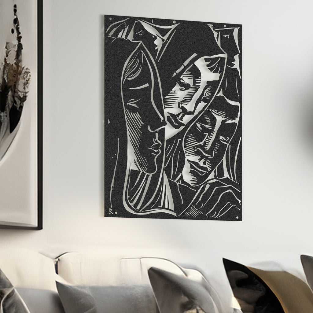 Living room with a modern sofa, neutral cushions, and Ladies Expressionist Black Metal Wall Art featuring three abstract female silhouettes.