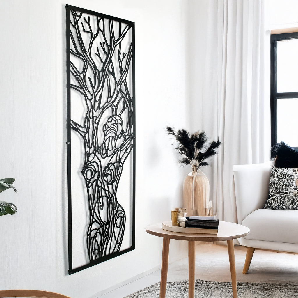 Lady in Tree Metal Wall Art – Black silhouette nature-inspired decor panel