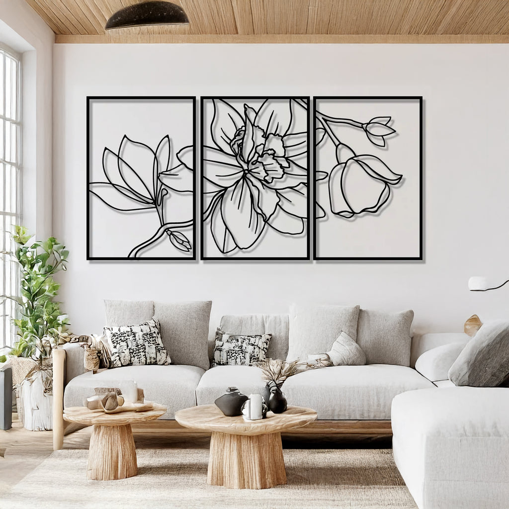 Large 3-panel floral metal wall art, black botanical silhouette design