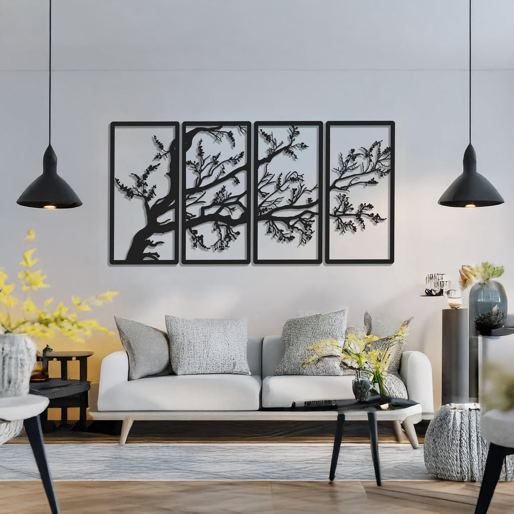 Large metal tree wall art panels forming a statement wall design