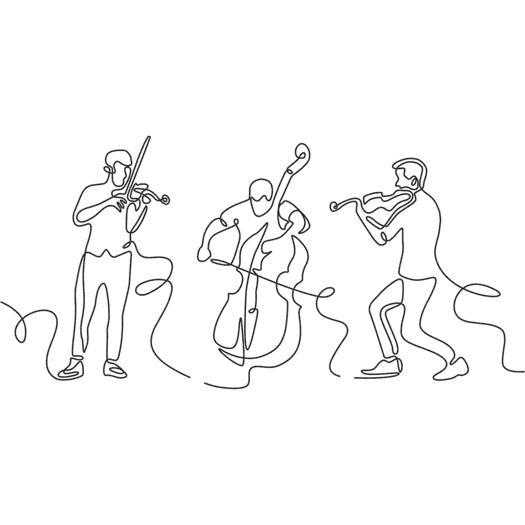 Close-up of Line Art Musicians Wall Art – matte black minimalist steel panels.