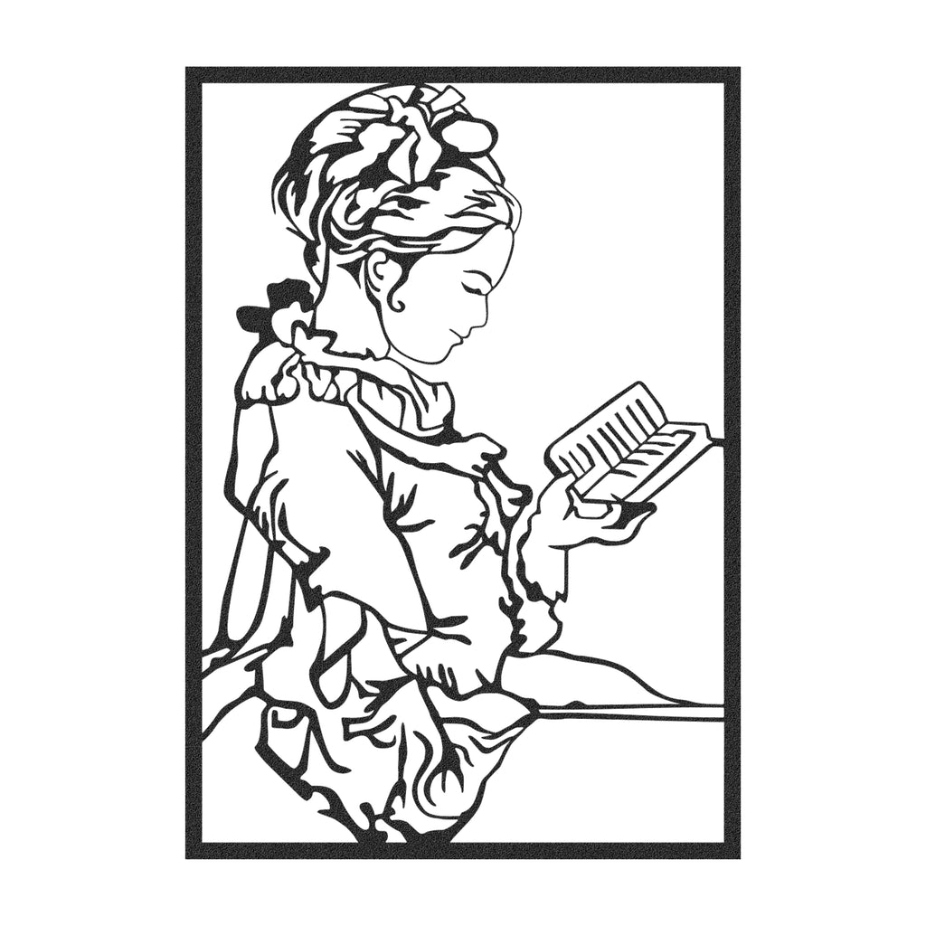 Close-up of Reading a Book female silhouette metal wall art in matte black finish.