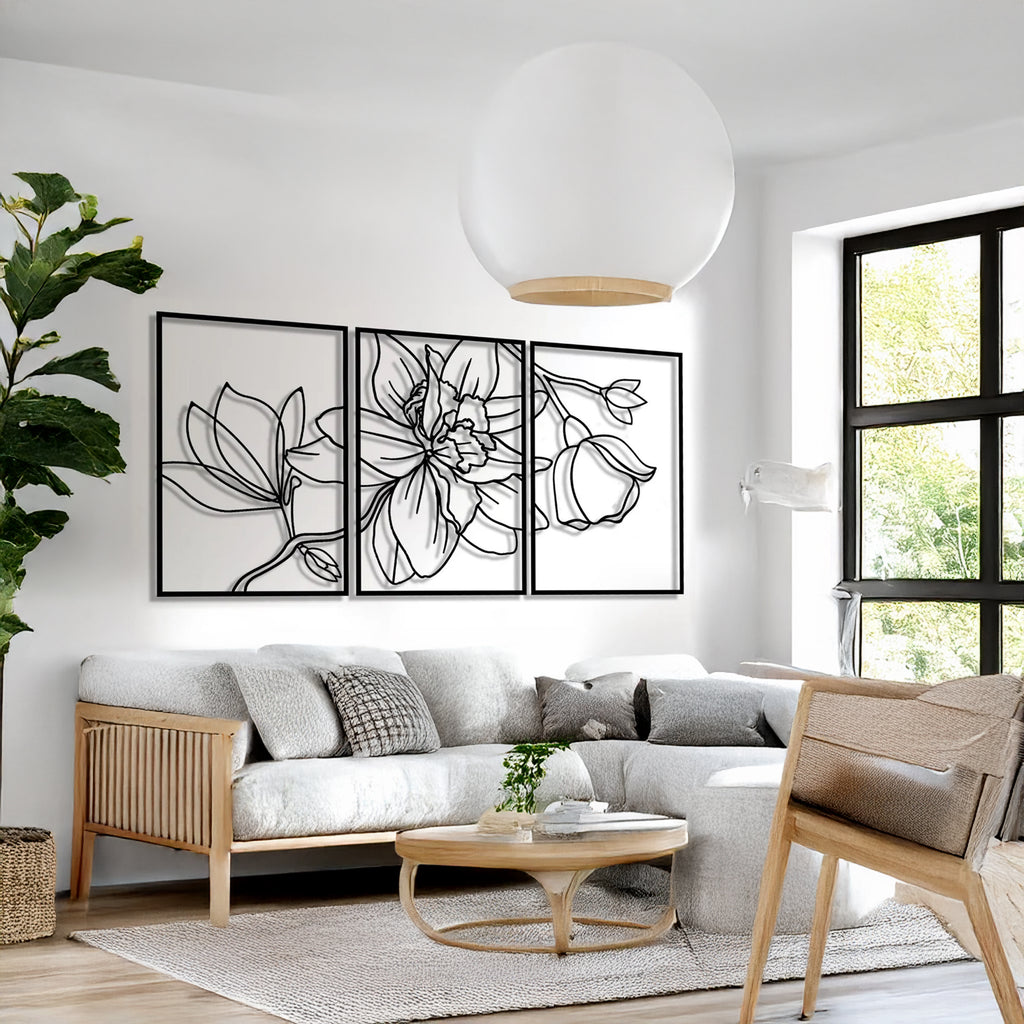 Minimalist floral metal wall art set, black line botanical design in contemporary home