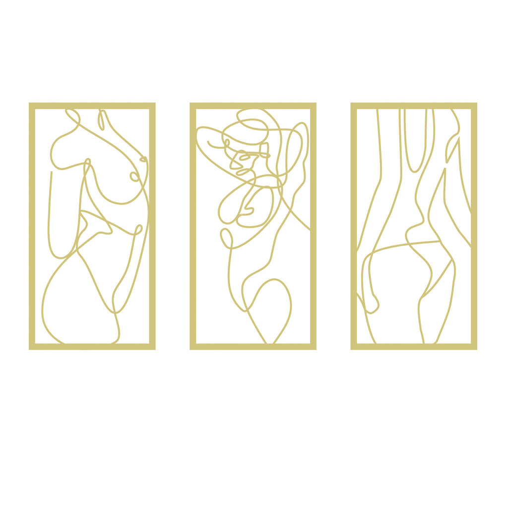 Feminine silhouette metal wall art in gold finish, 3-piece decorative set