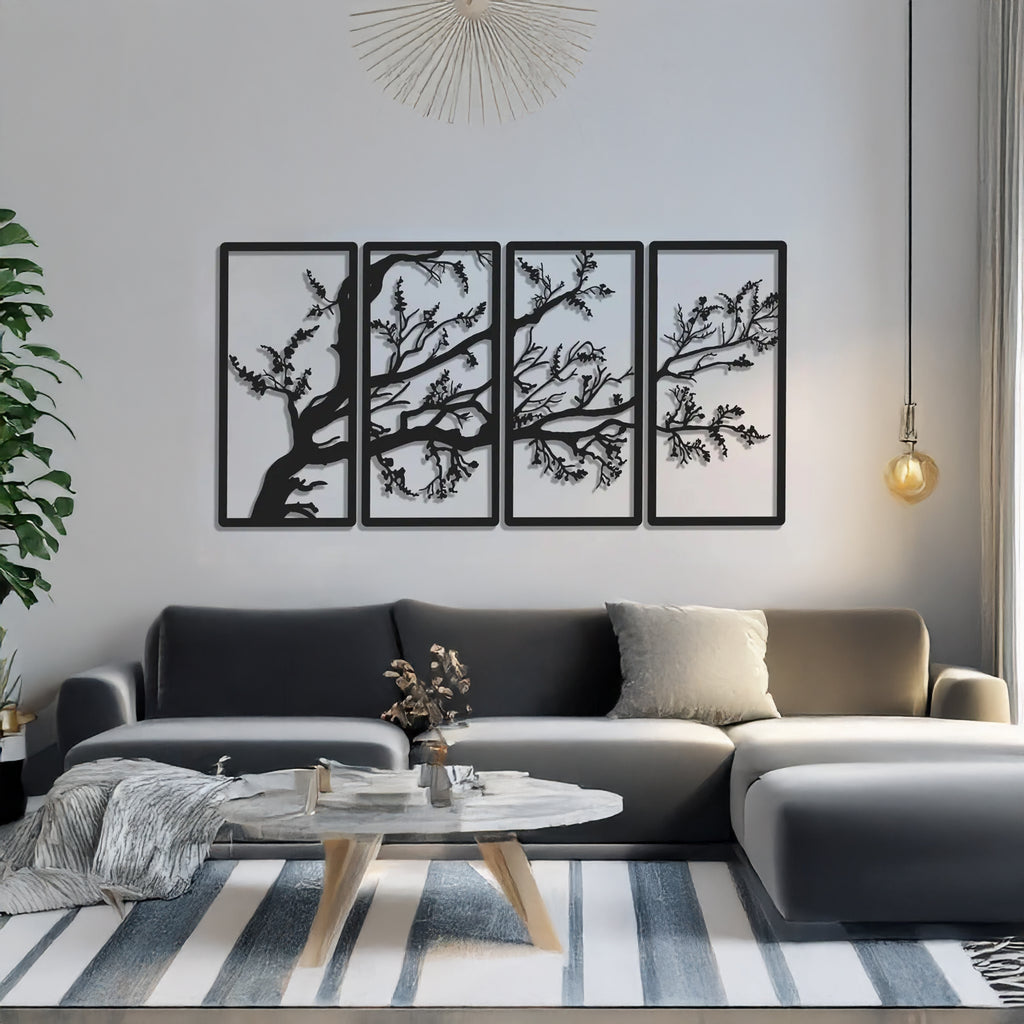 Contemporary black metal tree wall art panels styled in office space