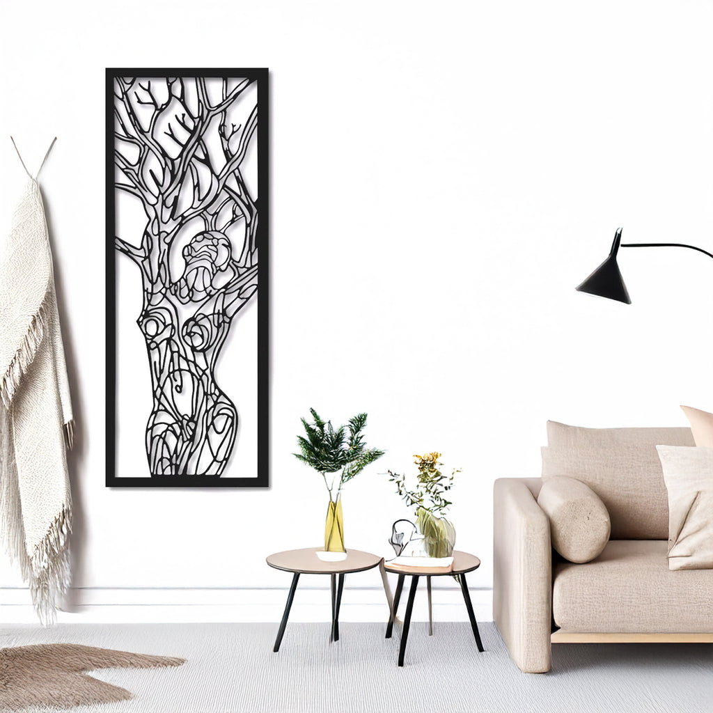 Modern tree silhouette metal wall sculpture with feminine form