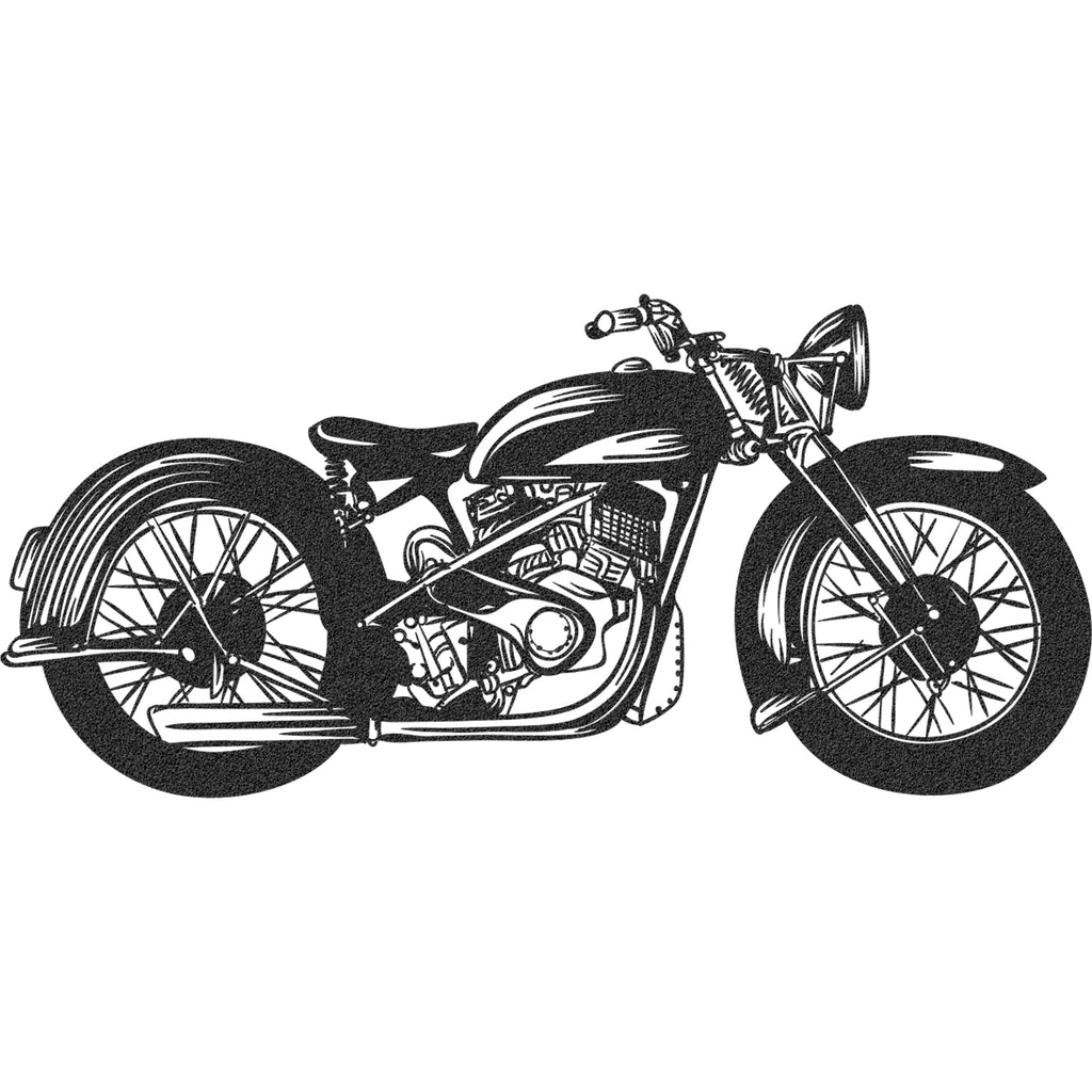 Black motorcycle wall art displayed in garage space