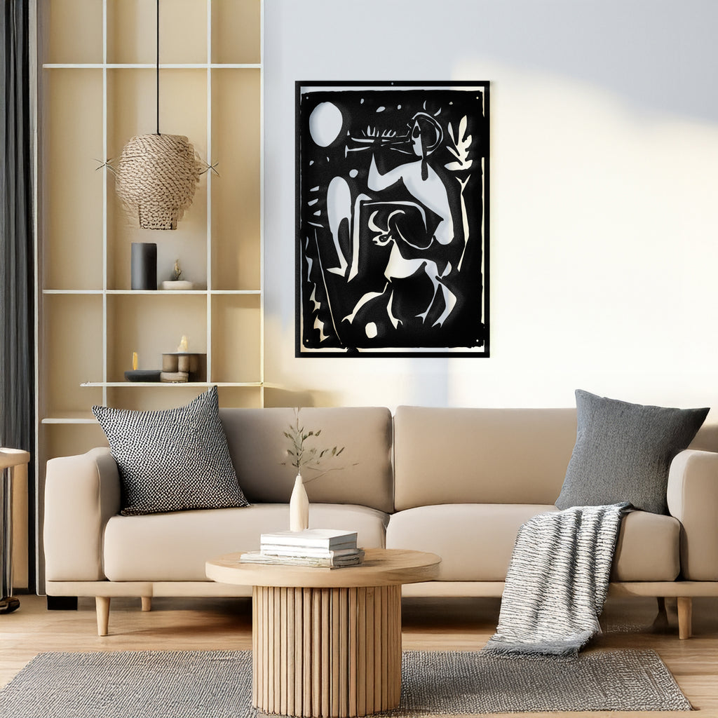 Musical Faun black metal wall art panel styled in modern living room