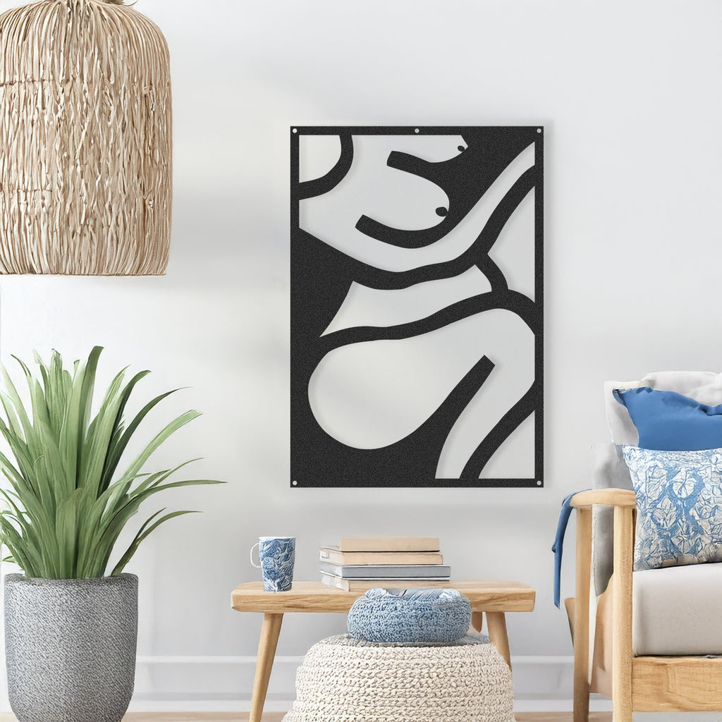 Nu Woman Illustration Black Metal Wall Art – Minimalist Female Line Design above console table.