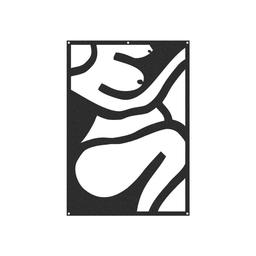 Minimalist female line silhouette wall art in matte black steel.