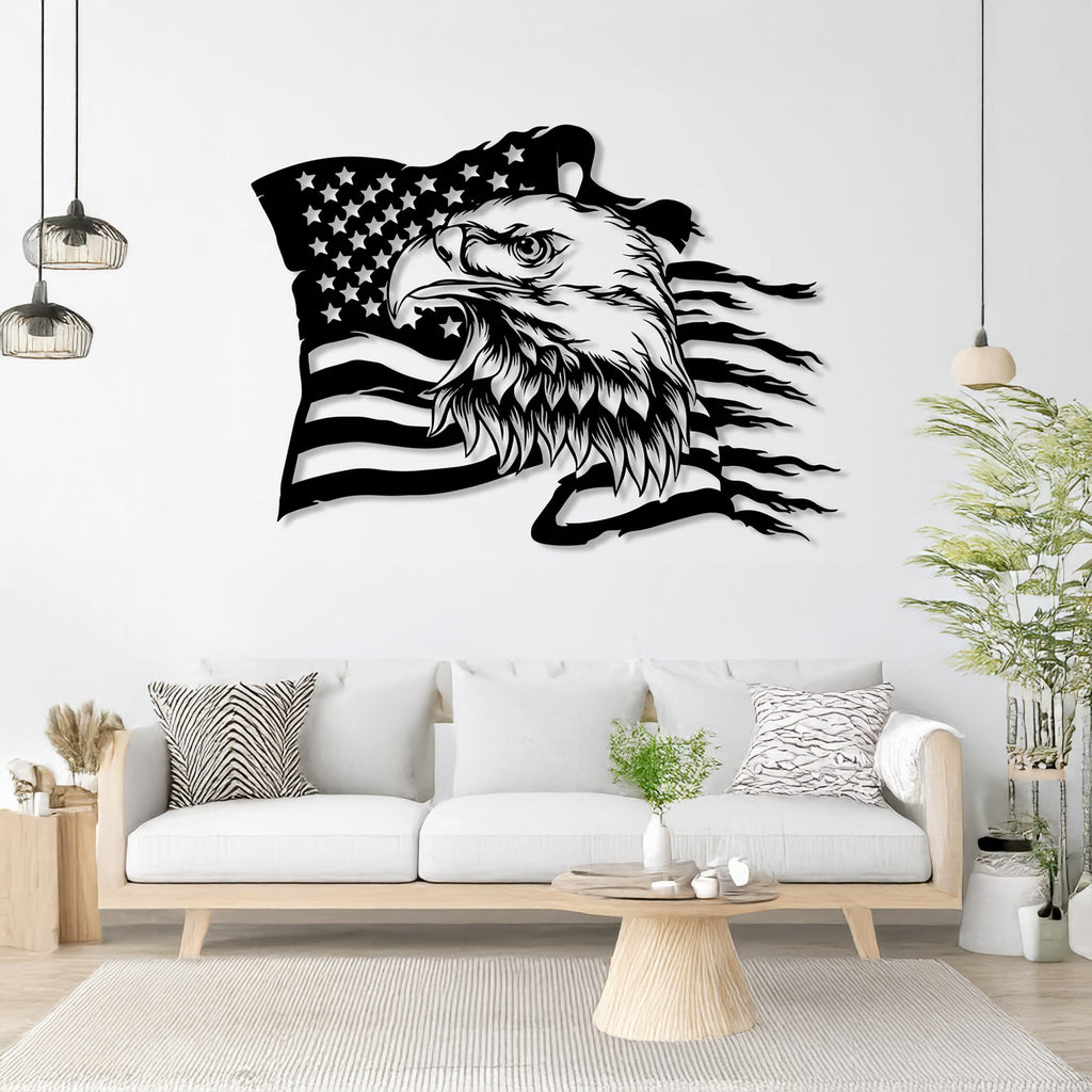 Patriotic bald eagle wall hanging with flag design in black steel