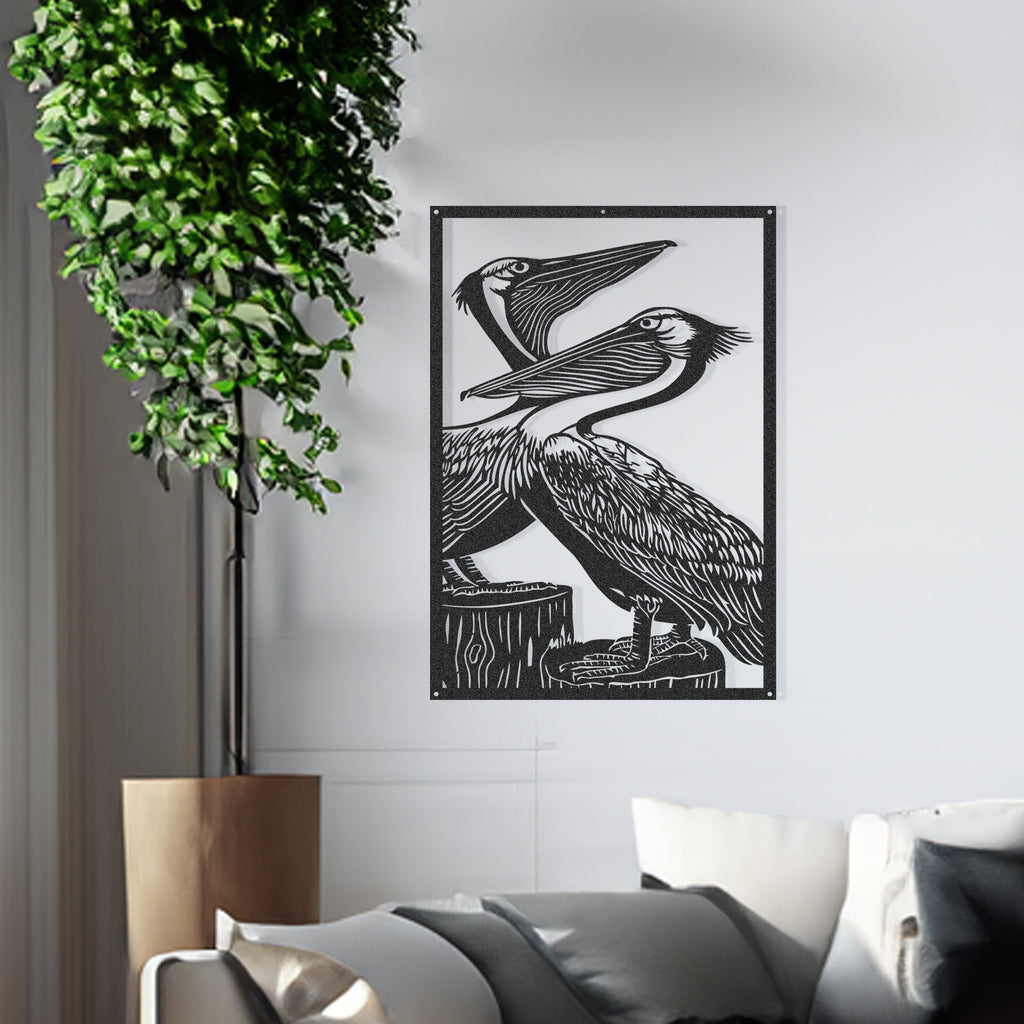 Side view of pelican wall art coastal bird design in matte black steel