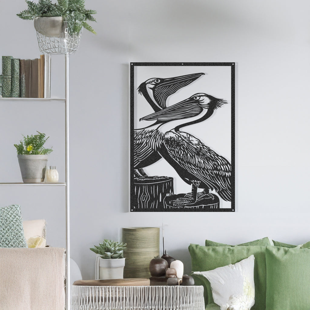 Pelican pair black metal wall art displayed in modern living room decor