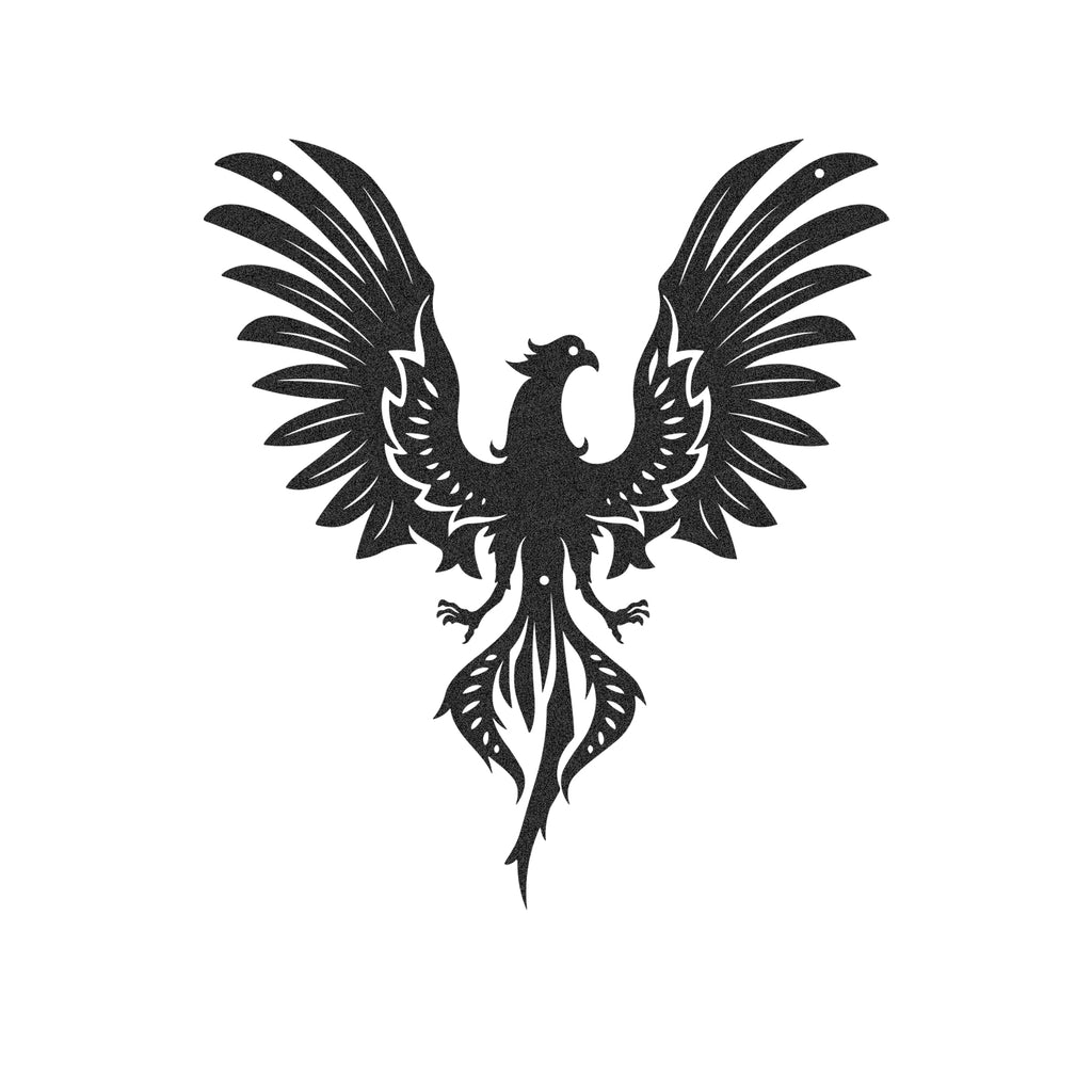 Close-up of black Phoenix Anka bird silhouette metal wall decor