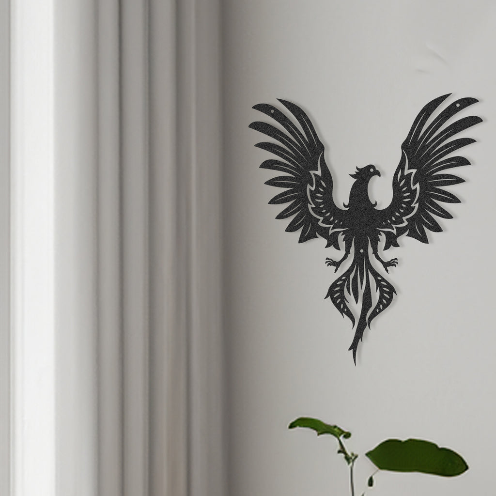 Phoenix bird metal wall art in black – Anka design hanging in living room