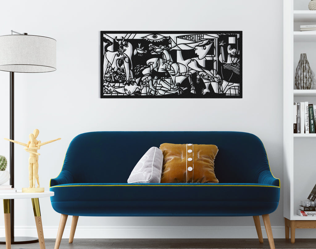 Close-up of Picasso Guernica inspired black metal wall art panel