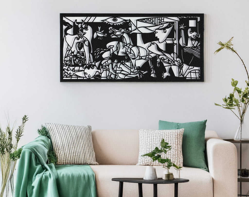 Black metal wall art inspired by Picasso’s Guernica displayed above sofa