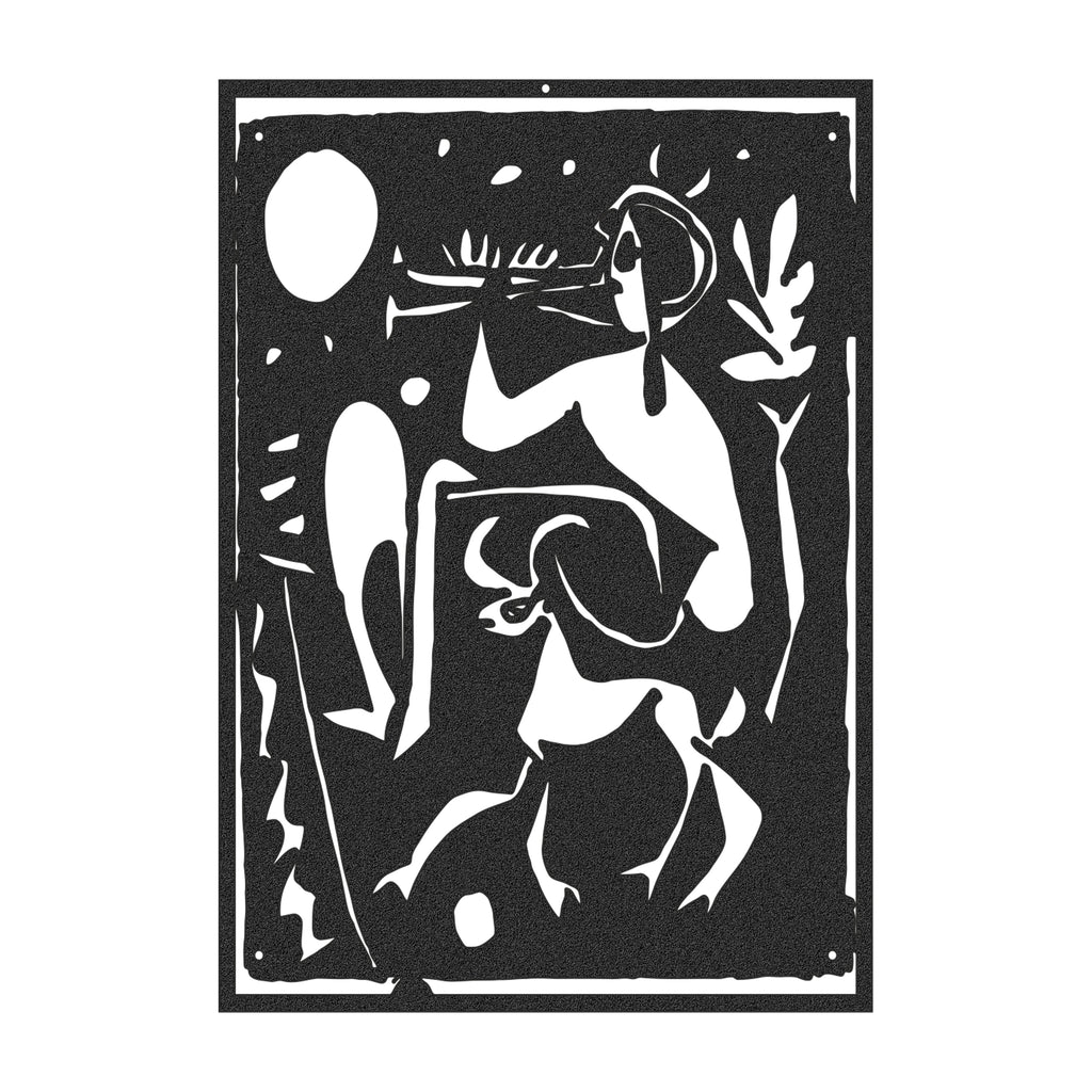 Picasso-inspired faun silhouette metal wall panel hanging on wall
