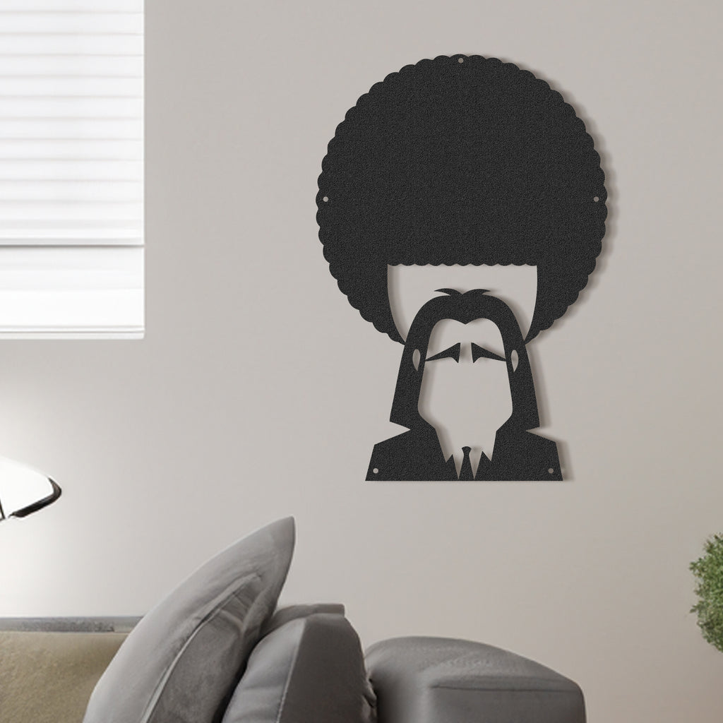 Pulp Fiction black metal wall art – minimalist movie silhouette decor displayed in modern living room.
