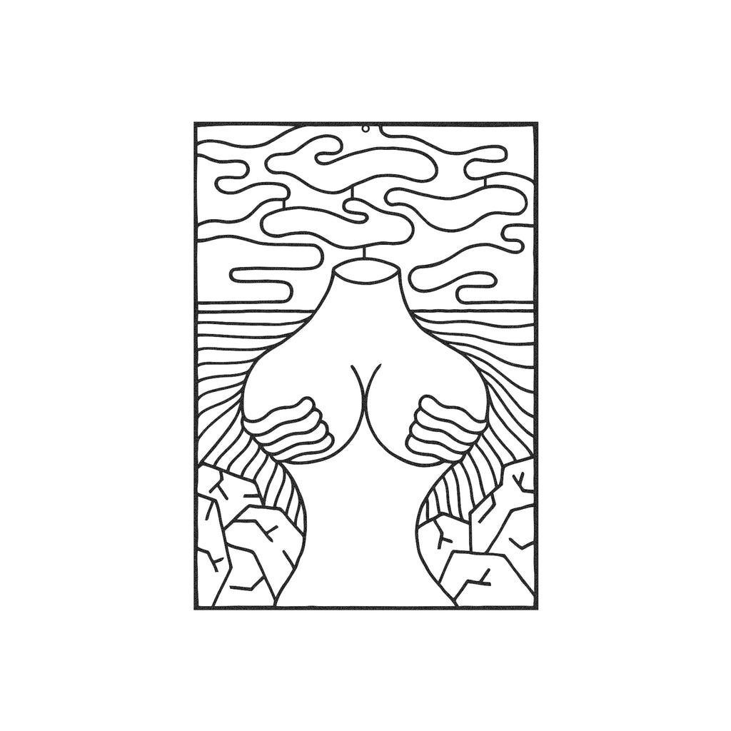 Close-up of the Sensual Nature wall art showing the detailed female form and nature-inspired line patterns in black steel.