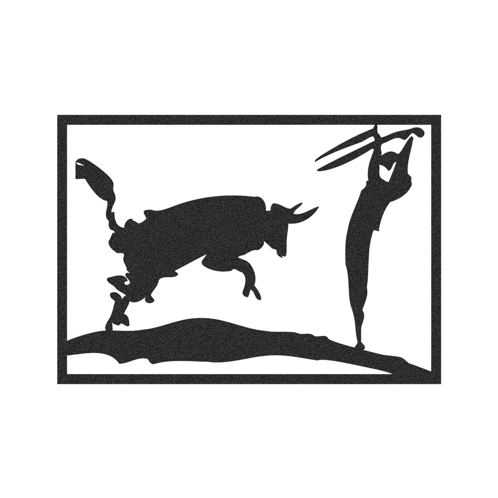 Spanish bullfight black metal wall art panel side angle view.
