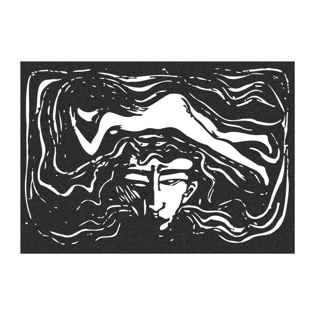Close-up view of The Man’s Brain black metal wall art panel, showing abstract face and waves.