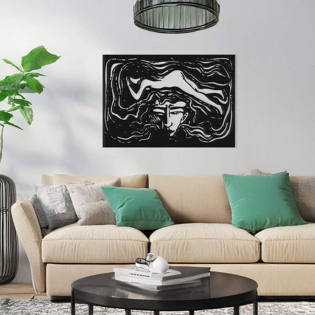 Living room with sofa and The Man’s Brain abstract black metal wall art inspired by Edvard Munch.