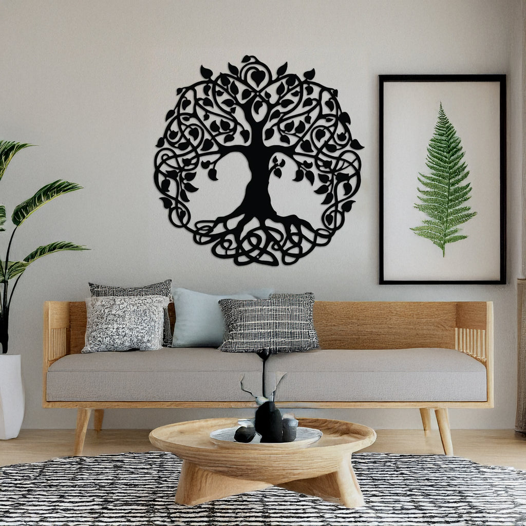 Black Tree of Life Round Metal Wall Art styled with home decor accessories – perfect for bedrooms, entryways, or yoga spaces.