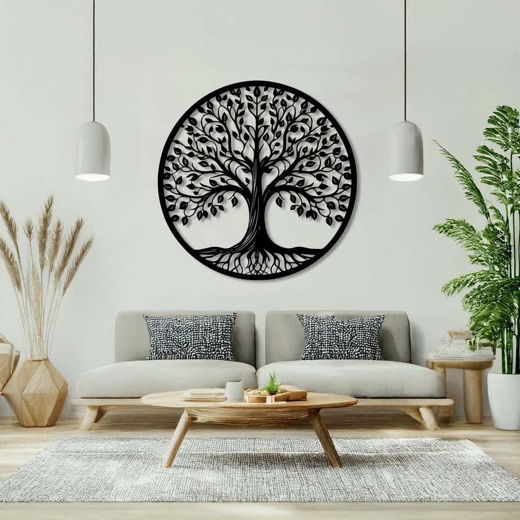 Close-up of Tree of Life Round Metal Wall Art – black powder-coated steel with intricate leaf and root details