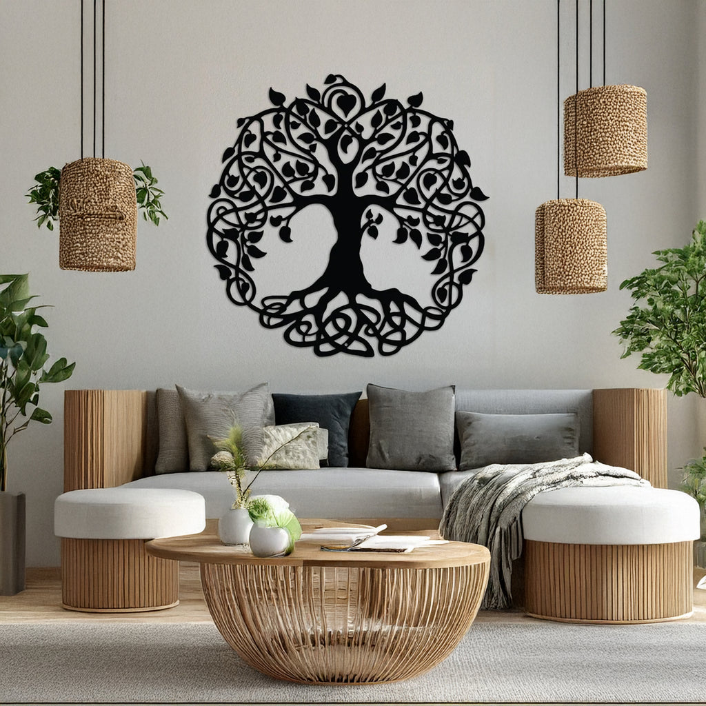 Tree of Life Round Metal Wall Art displayed in modern living room – symbolic wall decor.
