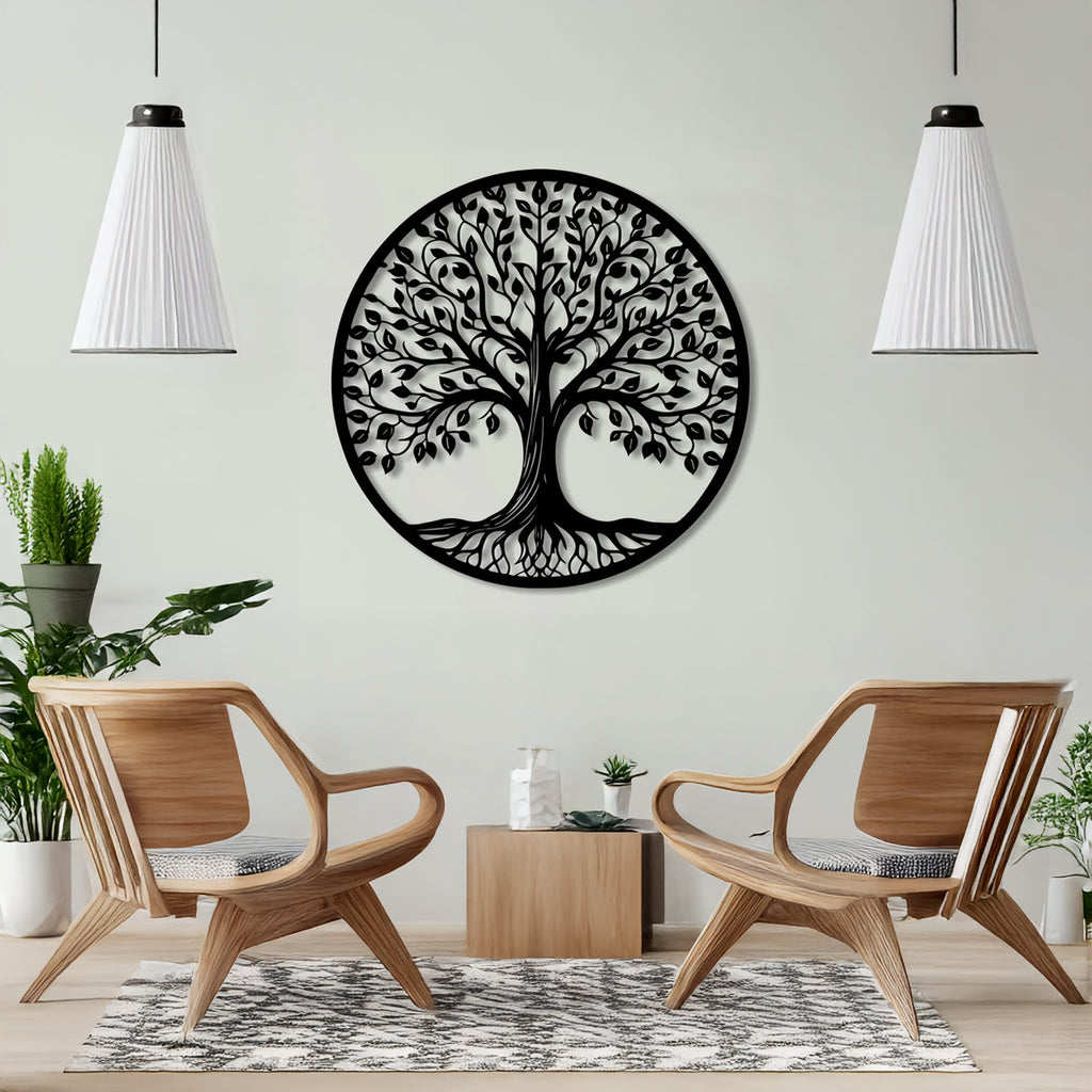 Black Tree of Life Round Metal Wall Art displayed in modern living room interior – elegant nature-inspired decor