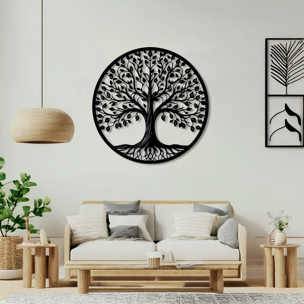 Tree of Life Round Metal Wall Art in black – symbolic nature decor, 1.5mm steel, wall hanging design