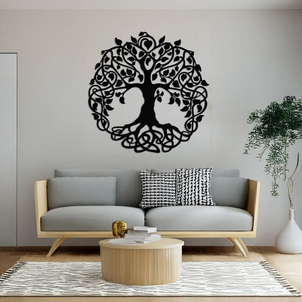 Close-up of Tree of Life Round Metal Wall Art – powder-coated black steel design