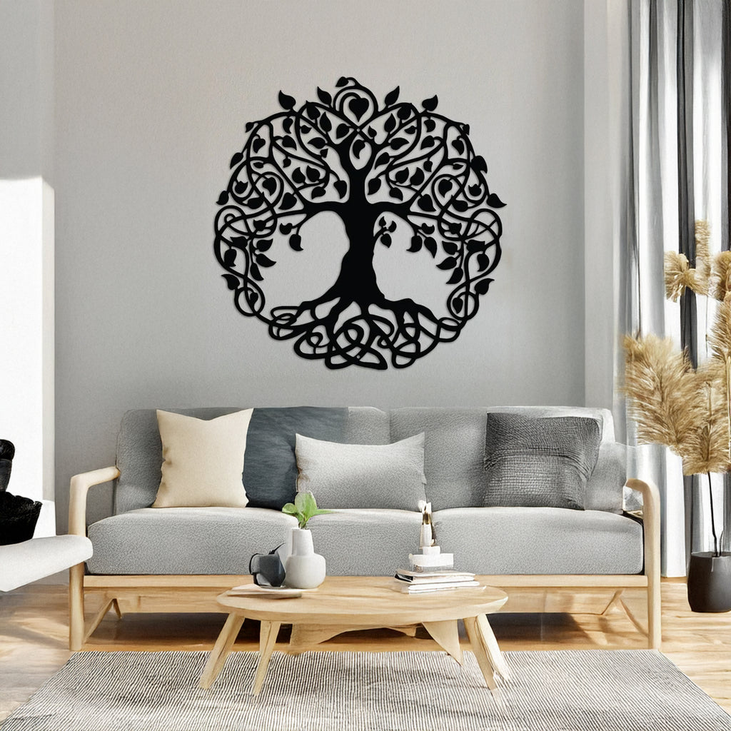 Tree of Life Round Metal Wall Art in black steel – elegant nature decor, multiple sizes available