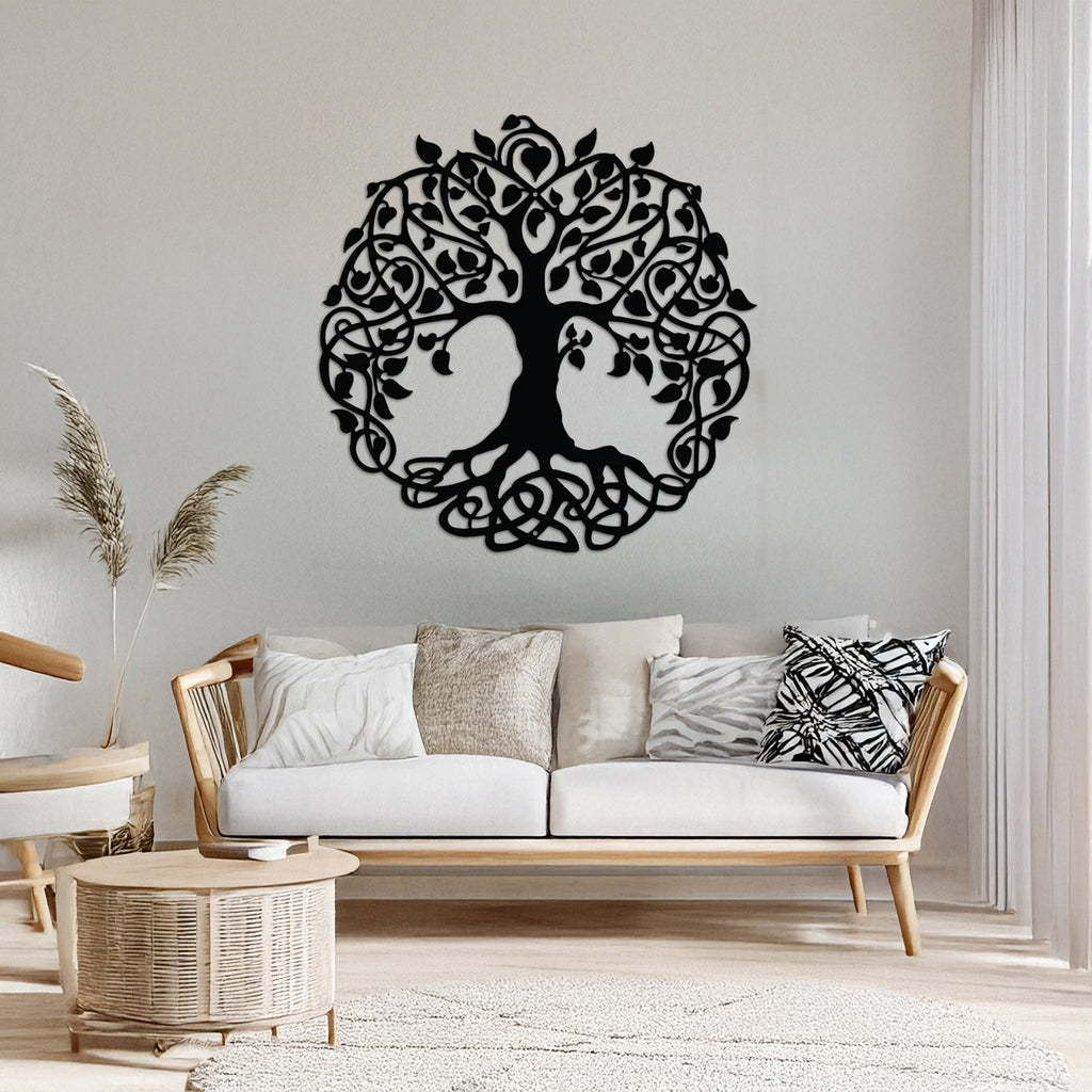 Tree of Life Round Metal Wall Art available in 39–80 cm sizes – durable black steel wall hanging.