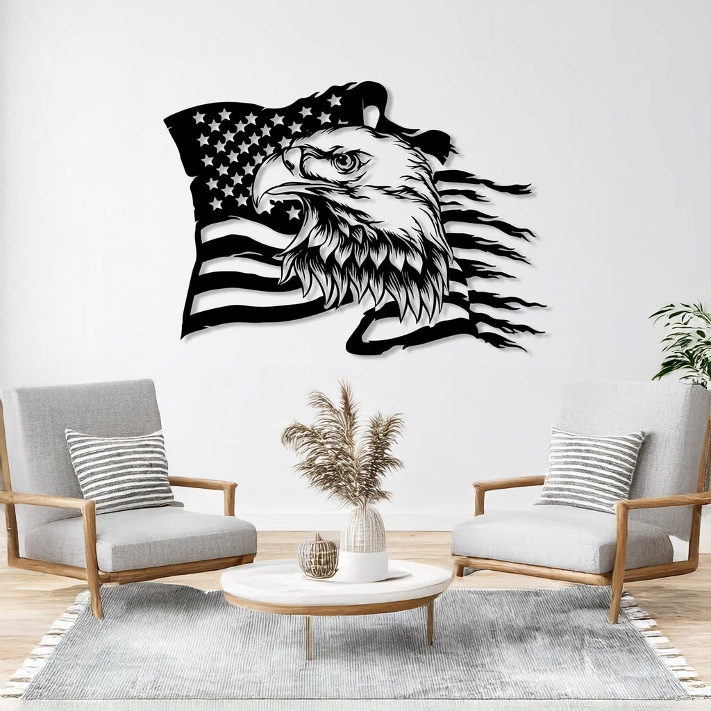 Close-up of eagle with U.S. flag black steel wall art