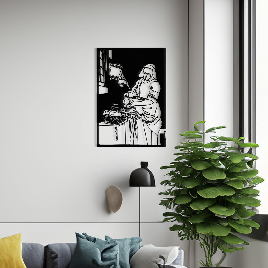 Dutch classical art inspired Milkmaid metal wall decor in kitchen space.