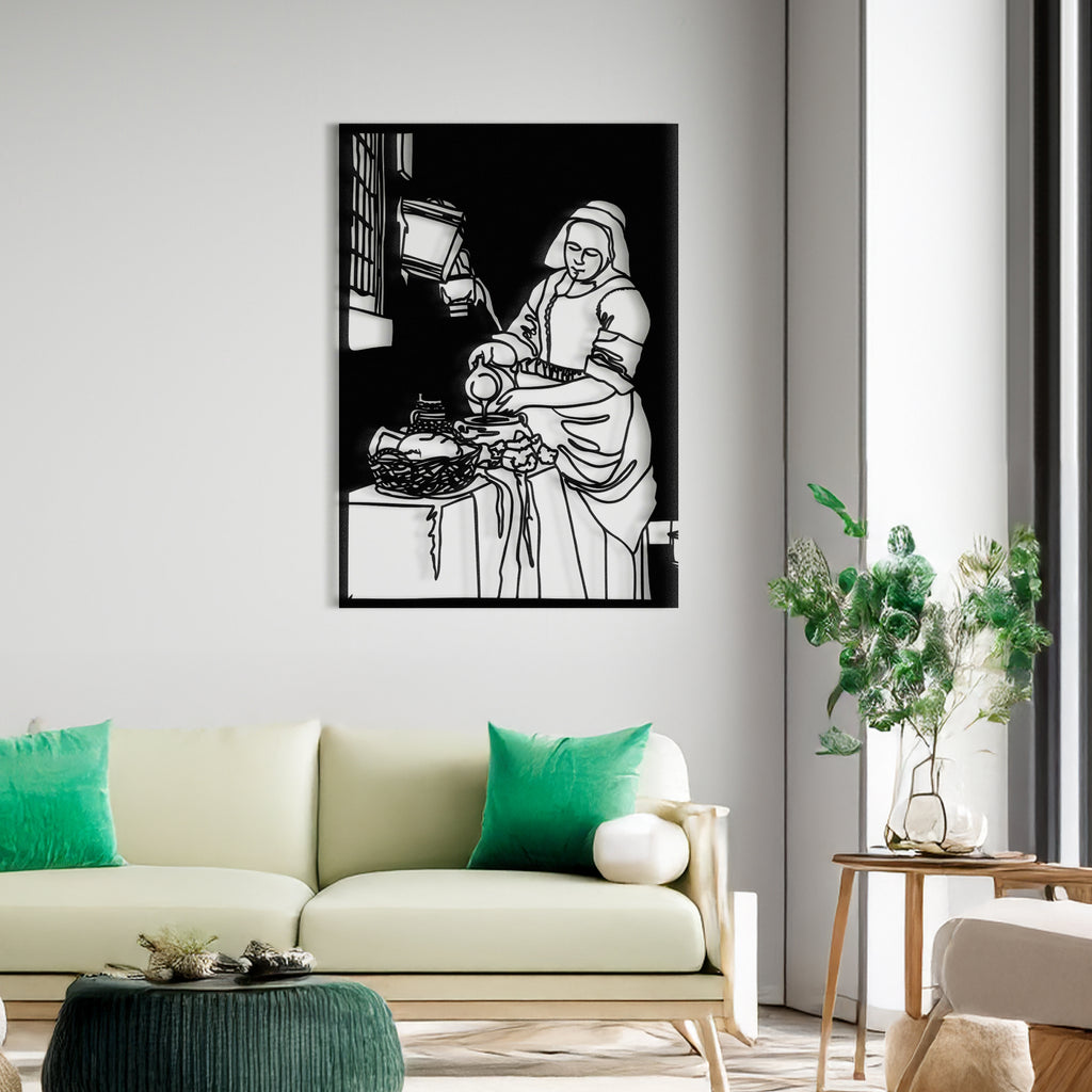 Vermeer Milkmaid inspired black metal wall art hanging in modern living room.