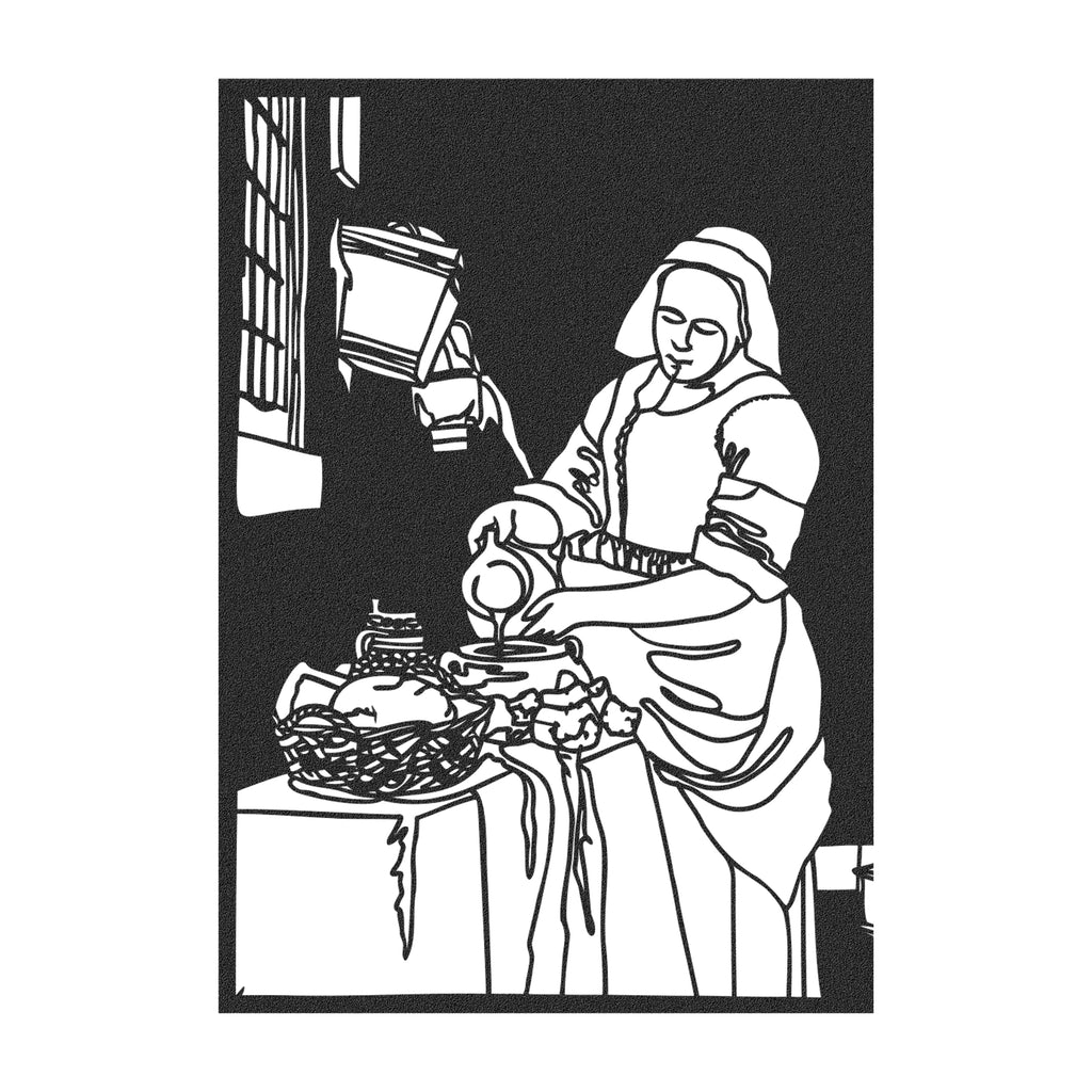 Minimalist Vermeer Milkmaid cut-out black metal panel close-up.