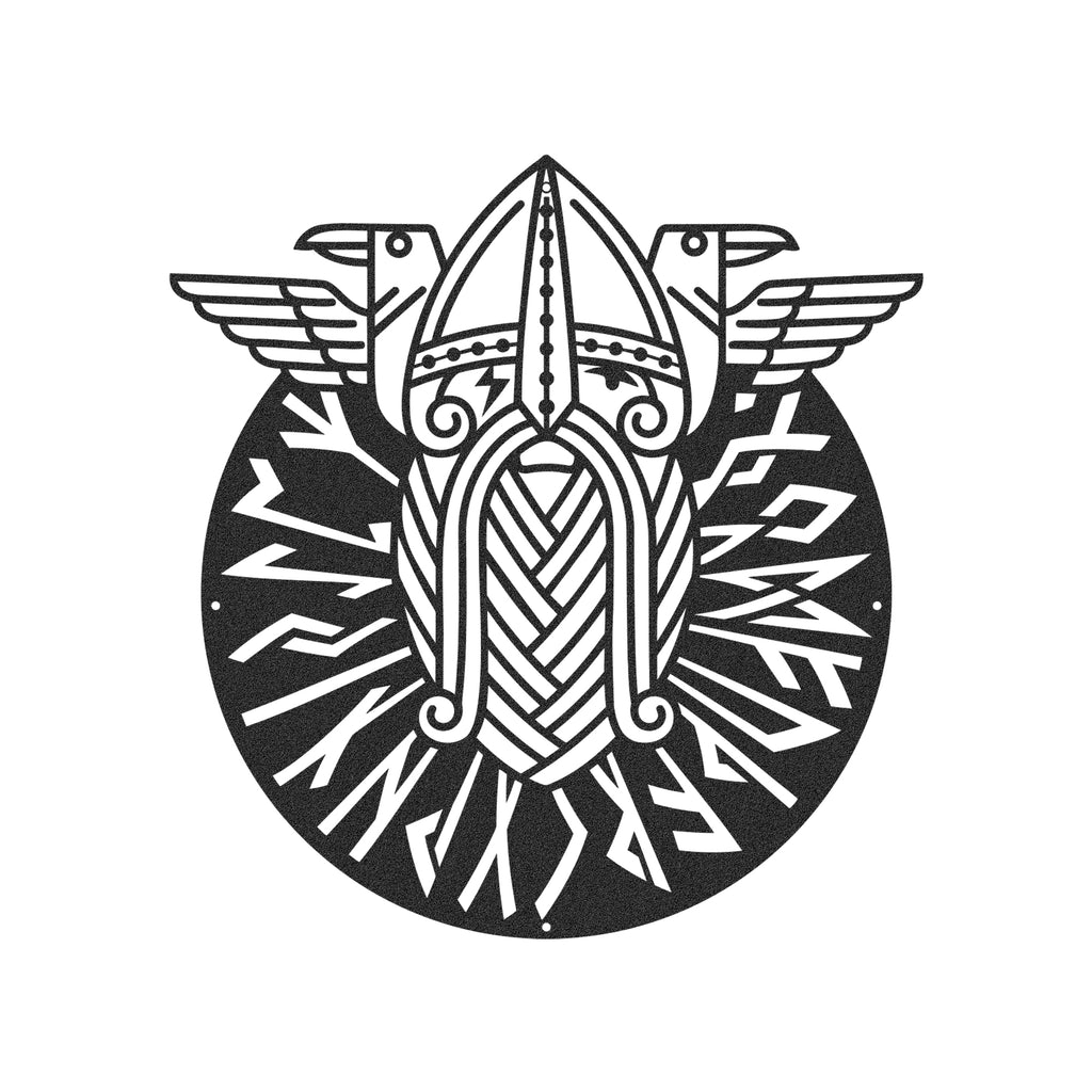 Close-up of Viking Metal Wall Art with helmet and runes