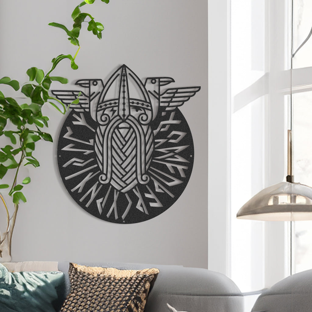 Viking Warrior Metal Wall Art on wall – Norse rune shield design