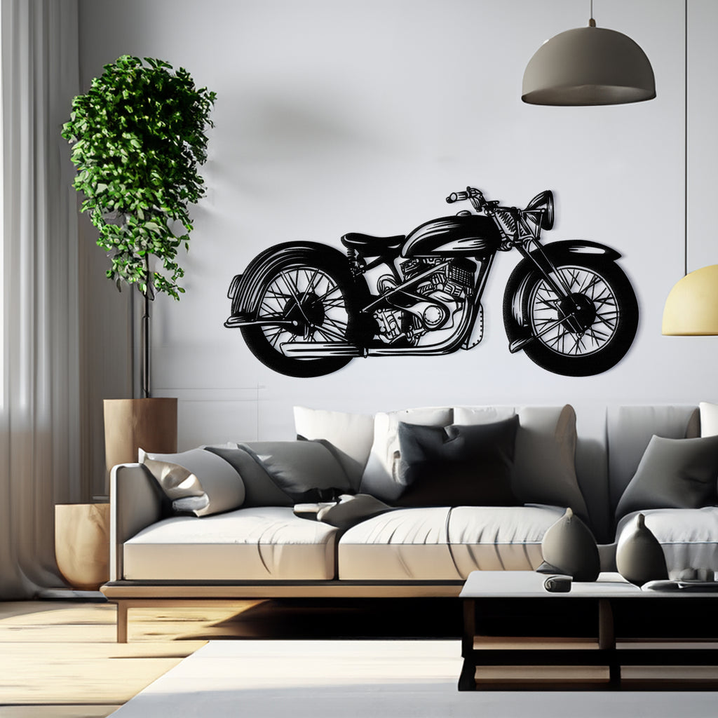Vintage motorcycle wall art hanging in modern living room