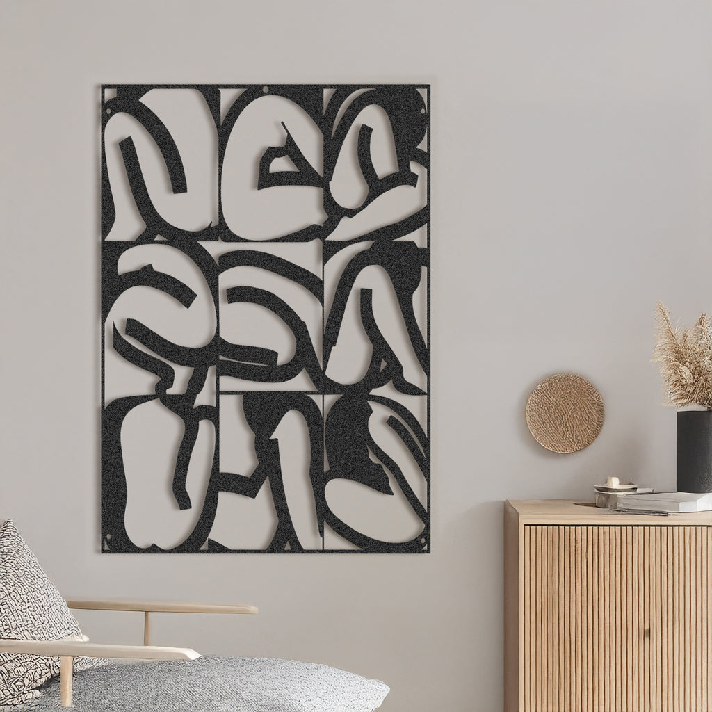 Woman Abstract Black Metal Wall Art – Feminine Body Line Grid hanging above a modern chair