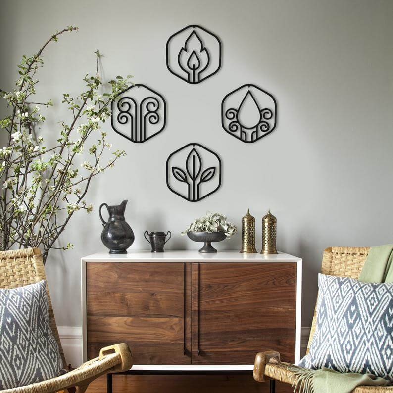 Elements of Nature | 4 Elements Metal Wall Decor Set | WATER, AIR, FIRE, EARTH - Hencely